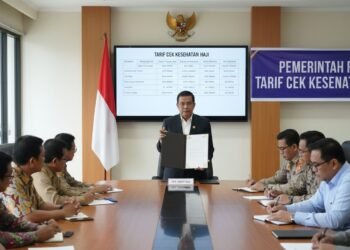 Seorang pejabat pemerintah berdiri di balik meja dengan layar besar menampilkan tarif cek kesehatan haji. Seorang pria bernama MA. Untung dan kelompok orang lain mendengarkan dengan cermat dan mencata