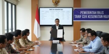 Seorang pejabat pemerintah berdiri di balik meja dengan layar besar menampilkan tarif cek kesehatan haji. Seorang pria bernama MA. Untung dan kelompok orang lain mendengarkan dengan cermat dan mencata