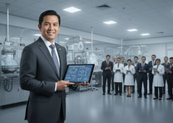 H. Gunadi, seorang tokoh penting dalam industri alat kesehatan Indonesia, berdiri di depan laboratorium modern dengan peralatan teknologi terkini. Dia membawa tablet yang menampilkan diagram teknologi