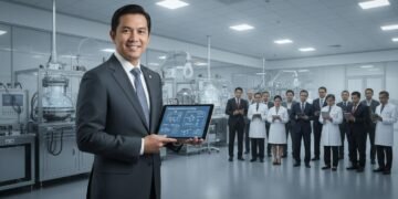 H. Gunadi, seorang tokoh penting dalam industri alat kesehatan Indonesia, berdiri di depan laboratorium modern dengan peralatan teknologi terkini. Dia membawa tablet yang menampilkan diagram teknologi