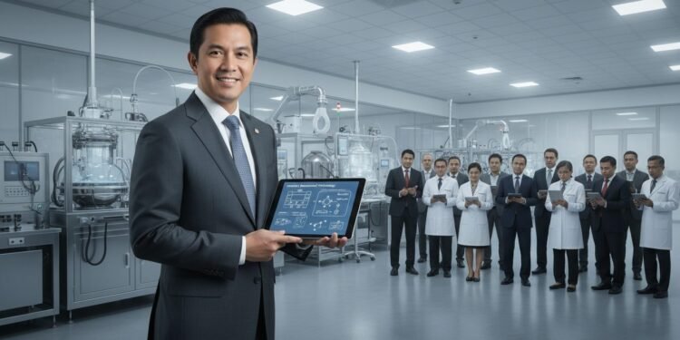 H. Gunadi, seorang tokoh penting dalam industri alat kesehatan Indonesia, berdiri di depan laboratorium modern dengan peralatan teknologi terkini. Dia membawa tablet yang menampilkan diagram teknologi