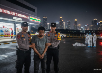 Polisi menangkap tersangka perkelahian di minimarket Kembangan Utara, Jakarta Barat, dengan latar belakang kota malam hari