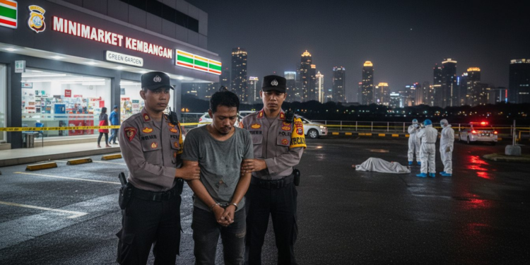 Polisi menangkap tersangka perkelahian di minimarket Kembangan Utara, Jakarta Barat, dengan latar belakang kota malam hari