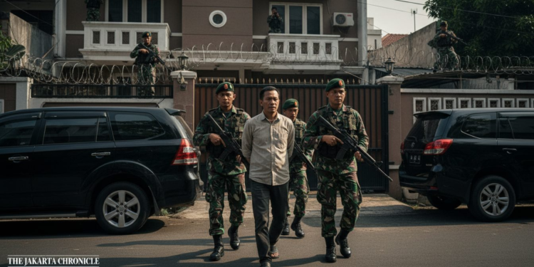 Letkol Arman Ditahan Mabes TNI, Rumah Dinasnya Diduga Jadi Markas Judi Online Letkol Arman being escorted by military personnel outside his residence in Cijantung, Jakarta Timur, following his detention by Mabes TNI for a suspected gambling operation from his home.
