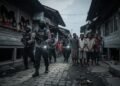 Sebuah foto jurnalistik profesional menunjukkan operasi pembersihan polisi di sebuah kampung narkoba di Makassar. Ada sekelompok petugas kepolisian dalam pakaian seragam lengkap, masuk ke dalam gang s