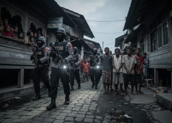 Sebuah foto jurnalistik profesional menunjukkan operasi pembersihan polisi di sebuah kampung narkoba di Makassar. Ada sekelompok petugas kepolisian dalam pakaian seragam lengkap, masuk ke dalam gang s