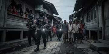 Sebuah foto jurnalistik profesional menunjukkan operasi pembersihan polisi di sebuah kampung narkoba di Makassar. Ada sekelompok petugas kepolisian dalam pakaian seragam lengkap, masuk ke dalam gang s