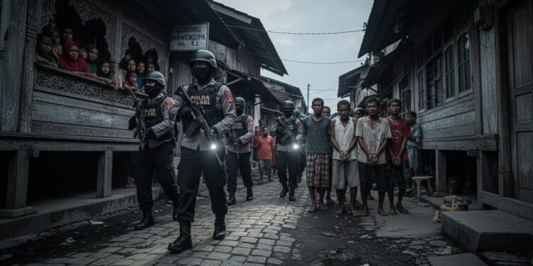 Sebuah foto jurnalistik profesional menunjukkan operasi pembersihan polisi di sebuah kampung narkoba di Makassar. Ada sekelompok petugas kepolisian dalam pakaian seragam lengkap, masuk ke dalam gang s