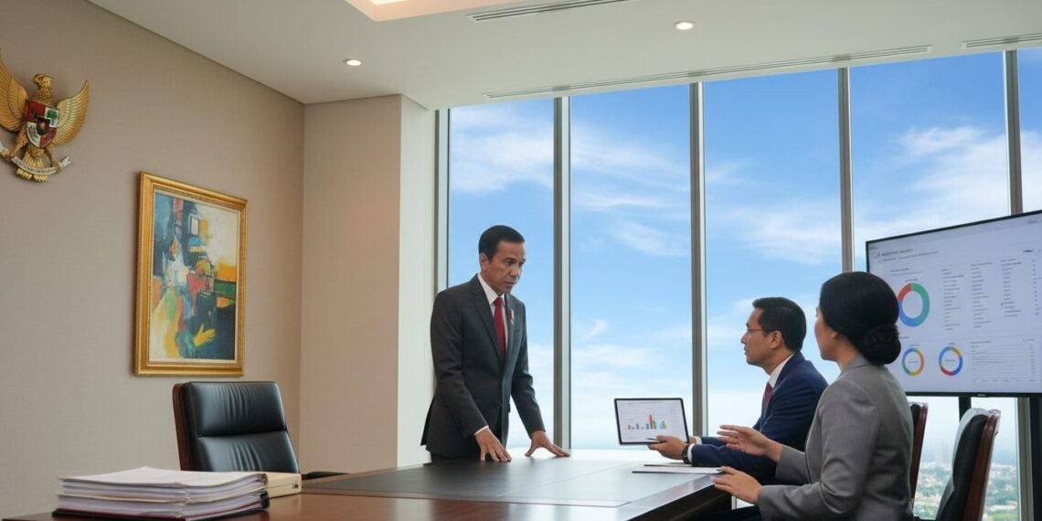 Presiden Jokowi duduk di depan meja kerja dengan serius, mendengarkan laporan dari para konselornya. Ruangan terlihat profesional dengan cahaya yang baik dan latar belakang yang minimalis, hanya ada b