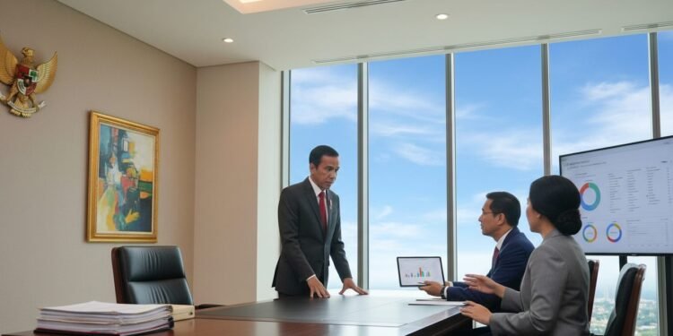 Presiden Jokowi: Isu Pemakzulan Gibran Harus Dikaji Berdasarkan Hukum Presiden Jokowi duduk di depan meja kerja dengan serius, mendengarkan laporan dari para konselornya. Ruangan terlihat profesional dengan cahaya yang baik dan latar belakang yang minimalis, hanya ada b