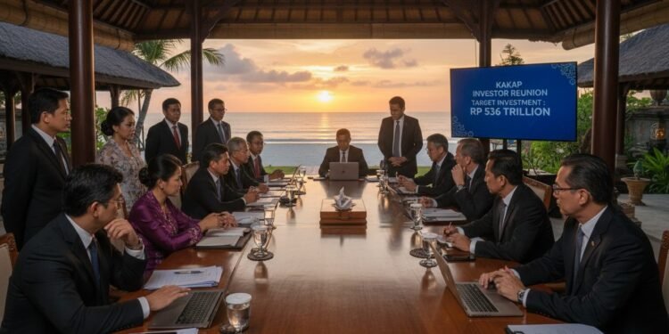 Sejumlah investor terpilih berkumpul di sebuah resort mewah di Bali, dengan latar belakang pantai yang indah dan arsitektur tradisional Bali. Mereka sedang berdiskusi serius, dengan laptop dan dokumen