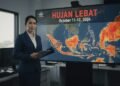Seorang meteorologis berdiri di depan layar besar yang menampilkan peringatan cuaca berat untuk wilayah tertentu pada 11-12 Oktober 2026. Di latar belakang, peta menunjukkan area yang berpotensi terke