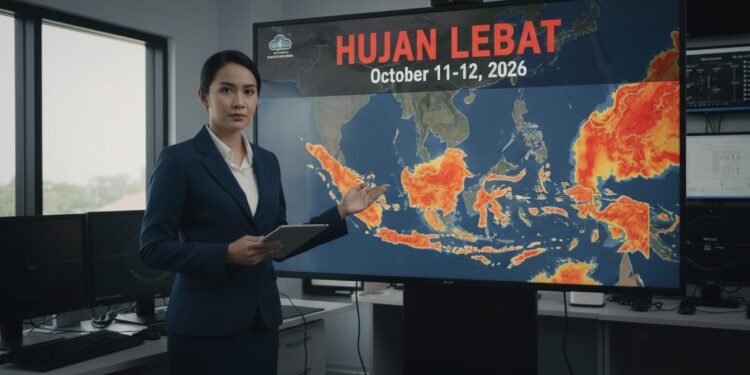 BMKG: Peringatan Dini Cuaca Besok 11-12 Oktober 2026, Hujan Lebat di Sejumlah Wilayah Seorang meteorologis berdiri di depan layar besar yang menampilkan peringatan cuaca berat untuk wilayah tertentu pada 11-12 Oktober 2026. Di latar belakang, peta menunjukkan area yang berpotensi terke