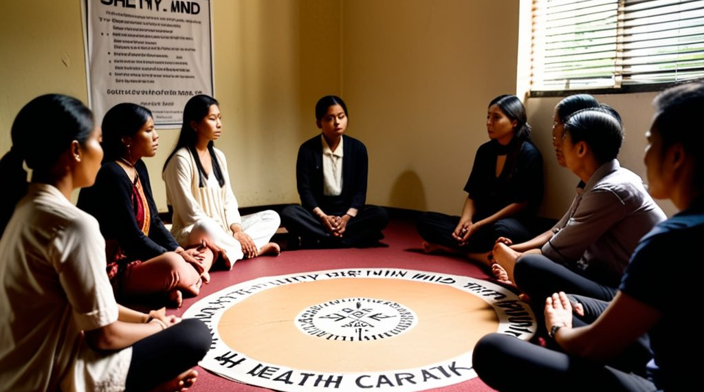 A group of people sharing their feelings in a therapy session, highlighting the importance of mental health and support, with a therapist in the background and a poster emphasizing the unique pathways to mental well-being.