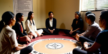 A group of people sharing their feelings in a therapy session, highlighting the importance of mental health and support, with a therapist in the background and a poster emphasizing the unique pathways to mental well-being.