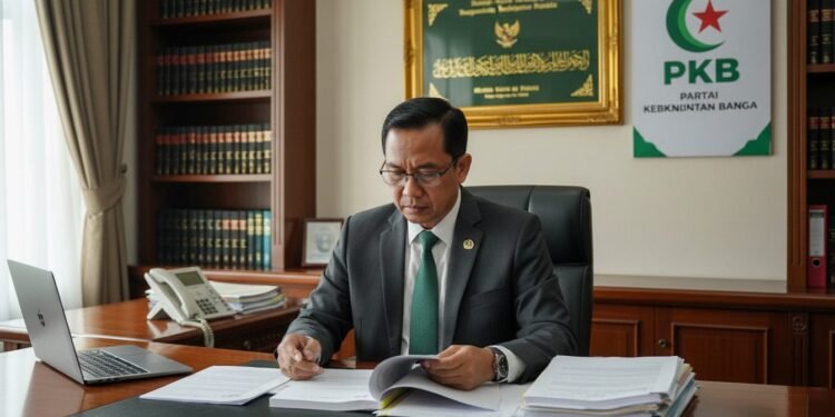 PKB Menunggu Putusan MK Sebelum Menentukan Posisi Terhadap Wacana Pemakzulan Gibran Seorang tokoh politik dari partai PKB duduk di kantor formalnya, di sekitar berkas hukum dan meja besar dengan telepon dan komputer. Wajah tokoh tersebut menunjukkan ekspresi serius dan fokus. Latar b