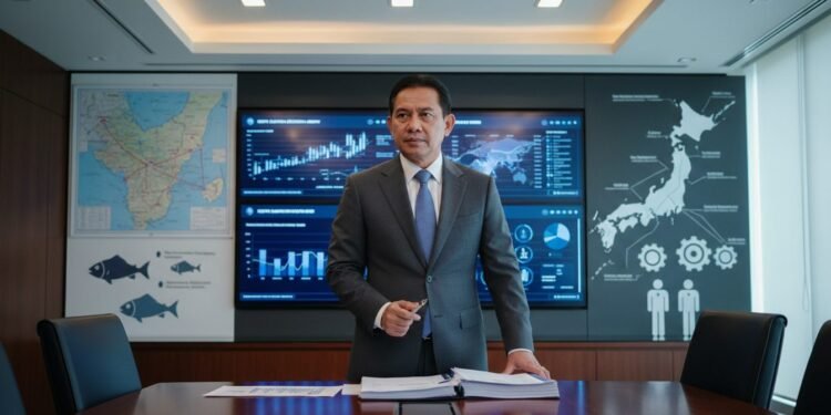 Gubernur Sumut H. Gunadi berdiri di ruang kerja modern, mengenakan pakaian formal, fokus dan serius. Di belakangnya terdapat layar besar menampilkan data ekonomi dan grafik. Di dinding juga terdapat p