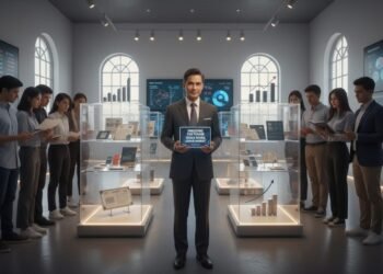 H. Gunadi, dalam pakaian formal, berdiri di depan galeri investasi yang modern dengan berbagai grafik dan alat finansial. Dia menampilkan presentasi di tablet sambil berbicara kepada sekelompok mahasi