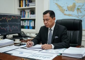 H. Gunadi, seorang tokoh politik dan ekonomi terpercaya, duduk di meja kerjanya dengan fokus pada dokumen-dokumen penting. Di latar belakang, terlihat berbagai laporan keuangan, layar komputer menampi