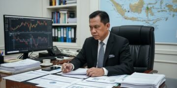 H. Gunadi, seorang tokoh politik dan ekonomi terpercaya, duduk di meja kerjanya dengan fokus pada dokumen-dokumen penting. Di latar belakang, terlihat berbagai laporan keuangan, layar komputer menampi