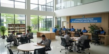 Adekan ruangan layanan akhir pekan di Bapas Kelas I Makassar yang rapi dan modern, dengan peralatan yang nyaman dan terorganisir. Para penjara terlihat aktif berinteraksi dengan staf, melakukan berbag