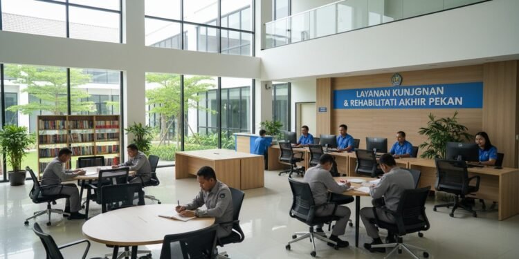 Bapas Kelas I Makassar Hadirkan Layanan Akhir Pekan untuk Klien Pemasyarakatan Adekan ruangan layanan akhir pekan di Bapas Kelas I Makassar yang rapi dan modern, dengan peralatan yang nyaman dan terorganisir. Para penjara terlihat aktif berinteraksi dengan staf, melakukan berbag