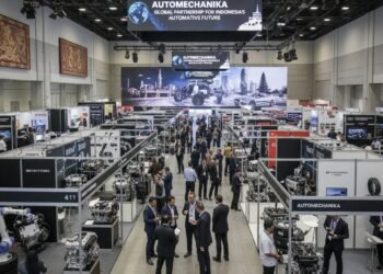 A bustling exhibition hall at Automechanika Jakarta 2026, featuring a variety of international automotive parts and machinery. Professionals from different backgrounds are engaged in discussions and n