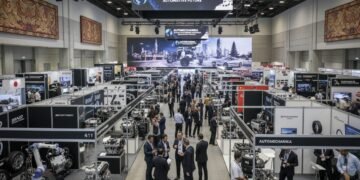 A bustling exhibition hall at Automechanika Jakarta 2026, featuring a variety of international automotive parts and machinery. Professionals from different backgrounds are engaged in discussions and n