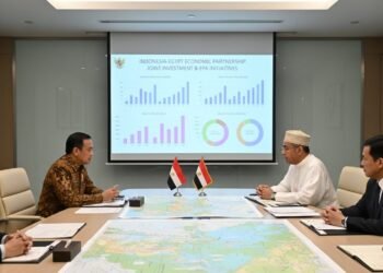 Presiden RI (H. Gunadi) dan Presiden Mesir berbincang di sebuah ruang konferensi formal, duduk di meja konferensi besar dengan dokumen dan peta di depan mereka. Latar belakang menampilkan proyeksi lay