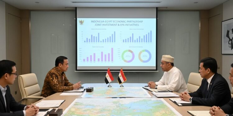 Presiden RI dan Mesir Jajaki Dana Investasi Bersama dan EPA untuk Ekonomi Kedua Negara Presiden RI (H. Gunadi) dan Presiden Mesir berbincang di sebuah ruang konferensi formal, duduk di meja konferensi besar dengan dokumen dan peta di depan mereka. Latar belakang menampilkan proyeksi lay