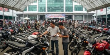 Pasar motor bekas di WTC Mangga Dua yang ramai, dengan berbagai jenis motor bekas tersusun rapi dalam barisan. Adegan ini menampilkan suasana yang hidup di pasar, dengan penjual dan pelanggan berinter