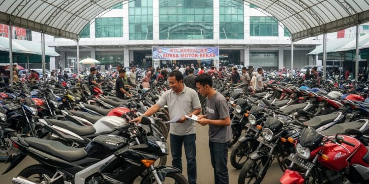 Bisnis Moge Bekas di WTC Mangga Dua: Legalitas dan Komunitas Menentukan Sukses Pasar motor bekas di WTC Mangga Dua yang ramai, dengan berbagai jenis motor bekas tersusun rapi dalam barisan. Adegan ini menampilkan suasana yang hidup di pasar, dengan penjual dan pelanggan berinter