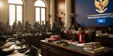 Sebuah adegan ruang sidang dengan seorang hakim berpakaian roba formal duduk di meja hakim, di sekelilingnya berisi dokumen hukum dan guling. Di latar belakang, layar besar menampilkan emblema Mahkama