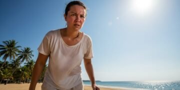 RR. Nur, standing in a hot, sunny environment with a frown and sweat on her forehead, in a tropical setting with palm trees and a sandy beach in the background, illustrating the discomfort and irritab