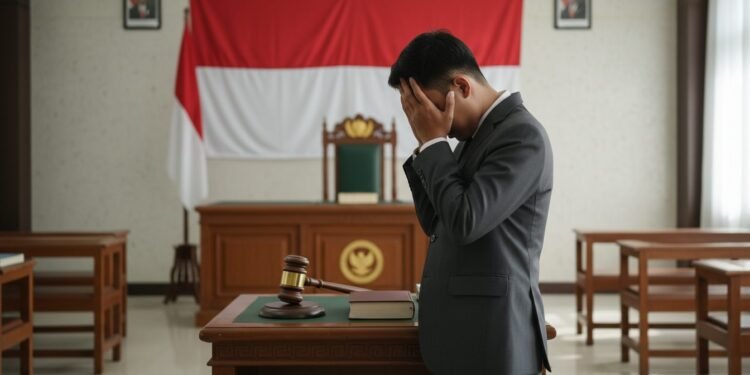 Setelah Putusan MK Ijazah Gibran, Arah Politik Ke Mana? Seorang pria muda berpakaian seragam, kemungkinan MA. Untung, berdiri di depan meja hakim dengan ekspresi cemas dan memikirkan, menahan kepalanya dengan tangan. Ruangan pengadilan yang terang dengan b