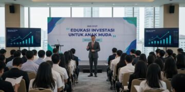 H. Gunadi, the keynote speaker at IRIS 2027, addresses a group of young people in a modern conference hall. The hall is filled with a diverse audience, all engaged in the event. A large banner with th