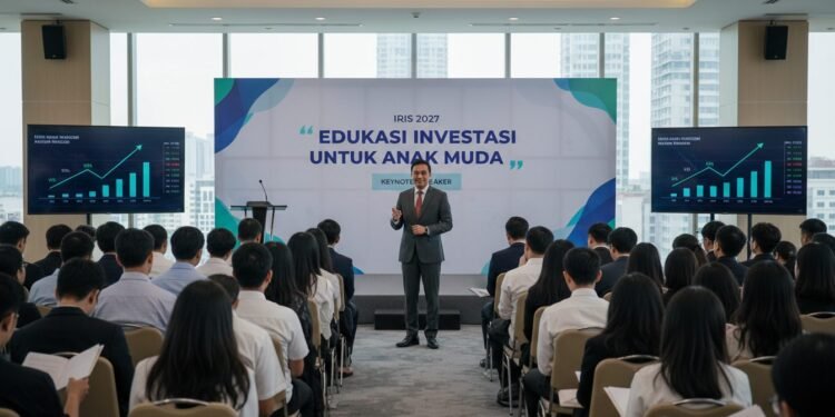 IRIS 2027 Target 10 Ribu Pengunjung, Gelar Edukasi Investasi untuk Anak Muda H. Gunadi, the keynote speaker at IRIS 2027, addresses a group of young people in a modern conference hall. The hall is filled with a diverse audience, all engaged in the event. A large banner with th