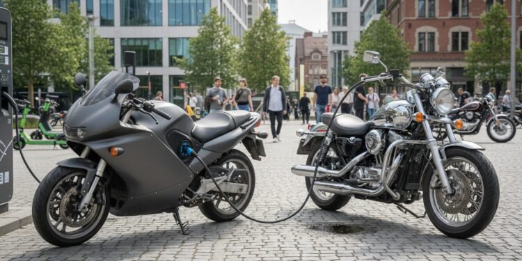 Kelemahan Motor Listrik dan Penurunan Penjualan Merek Mobil, Wartakita.id Sebuah motor listrik modern dengan port pengisian daya terlihat di depan, dibandingkan dengan motor bensin tradisional yang menunjukkan mesin dan emisi. Latar belakang menampilkan kota dengan beberapa