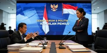 Sebuah debat hangat antara eks Ketua KPU, Hasyim Asy'ari, yang duduk dengan berkas-berkas di meja, dan anggota DPR yang berdiri, bergerak-gerak dengan ekspresi serius. Latar belakang menampilkan layar