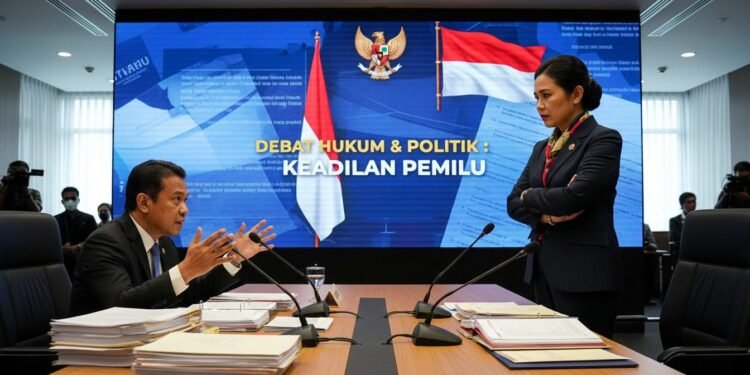 Eks Ketua KPU dan Anggota DPR Beradu Kata Soal PKPU, Ini Penjelasan Hasyim Asy’ari Sebuah debat hangat antara eks Ketua KPU, Hasyim Asy'ari, yang duduk dengan berkas-berkas di meja, dan anggota DPR yang berdiri, bergerak-gerak dengan ekspresi serius. Latar belakang menampilkan layar