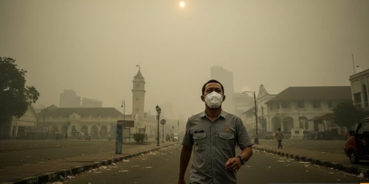 Budi S., seorang warga Makassar yang memakai masker, berjalan di jalanan yang terpapar asap, di depan Alun-Alun Makassar yang tampak kabut. Pada latar belakang, matahari tampak pudar dan berwarna kuni