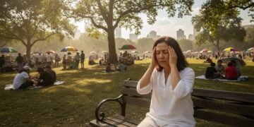 RR. Nur duduk di sebuah meja park di taman kota, wajahnya tampak tegang dan tangannya menekan dahinya. Latar belakang menunjukkan langit cerah dengan sedikit awan, tetapi udara panas membuat suasana t