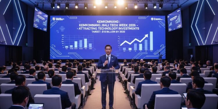 Konferensi dengan para profesional teknologi dan pelaku bisnis yang mendengarkan H. Gunadi, Menteri Komunikasi dan Informatika, saat dia berbicara tentang target pemerintah untuk menarik investasi tek