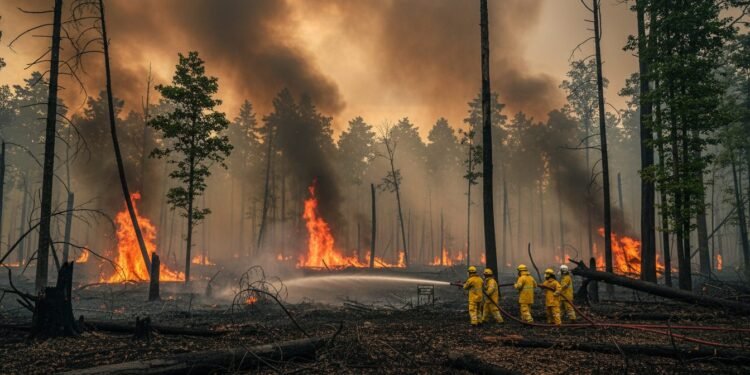 Sebuah hutan yang padat dengan asap bercampur dari beberapa area, menunjukkan adanya kebakaran hutan yang terus berlangsung. Di latar belakang, sebuah tim pekerja hutan berpakaian perlindungan yang me