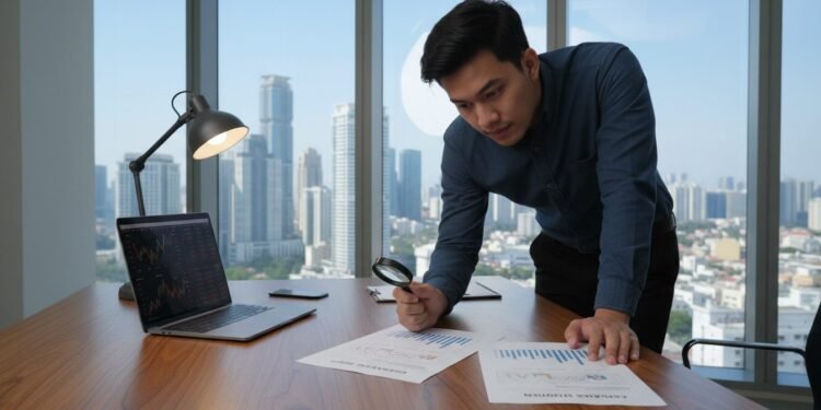 Panduan Lengkap Membaca Laporan Keuangan Perusahaan untuk Investor Pemula H. Gunadi, seorang investor pemula, sedang fokus mempelajari laporan keuangan perusahaan di meja kerjanya. Laporan keuangan yang terdiri dari neraca, laporan laba rugi, dan arus kas diletakkan di atas