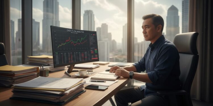Strategi Manajemen Arus Kas UMKM Hadapi Ketidakpastian Pasar: Tips Sukses H. Gunadi, pemilik usaha kecil menengah, duduk di meja kerjanya yang penuh dengan dokumen keuangan dan komputer. Monitor besar menampilkan data keuangan, menunjukkan pentingnya pengawasan arus kas. Te
