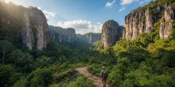 Budi S. berjalan di sebuah jalan setapak yang menuruni tebing karst di Geopark Maros-Pangkep, Sulawesi Selatan. Latar belakangnya adalah pemandangan alam yang indah dengan formasi batuan karst yang un