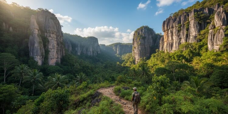 Eksplorasi Keindahan Geopark Maros-Pangkep, Warisan Dunia di Sulawesi Selatan Budi S. berjalan di sebuah jalan setapak yang menuruni tebing karst di Geopark Maros-Pangkep, Sulawesi Selatan. Latar belakangnya adalah pemandangan alam yang indah dengan formasi batuan karst yang un