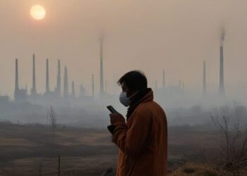Budi S., seorang warga lokal, berdiri di tengah kabut asap yang tebal di Maros, Sulsel. Ia memakai masker untuk melindungi diri dari polusi udara yang tinggi. Di latar belakang, terlihat asap dari pab