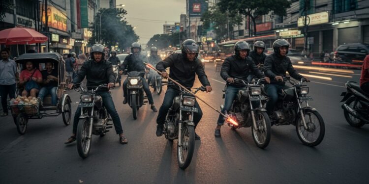 Sebuah jalan di Makassar yang ramai pada sore hari, dengan orang-orang berjalan dan kendaraan berlalu. Tiba-tiba, sekelompok pengendara motor, berpakaian hitam dan memakai helm, muncul dari keramaian.